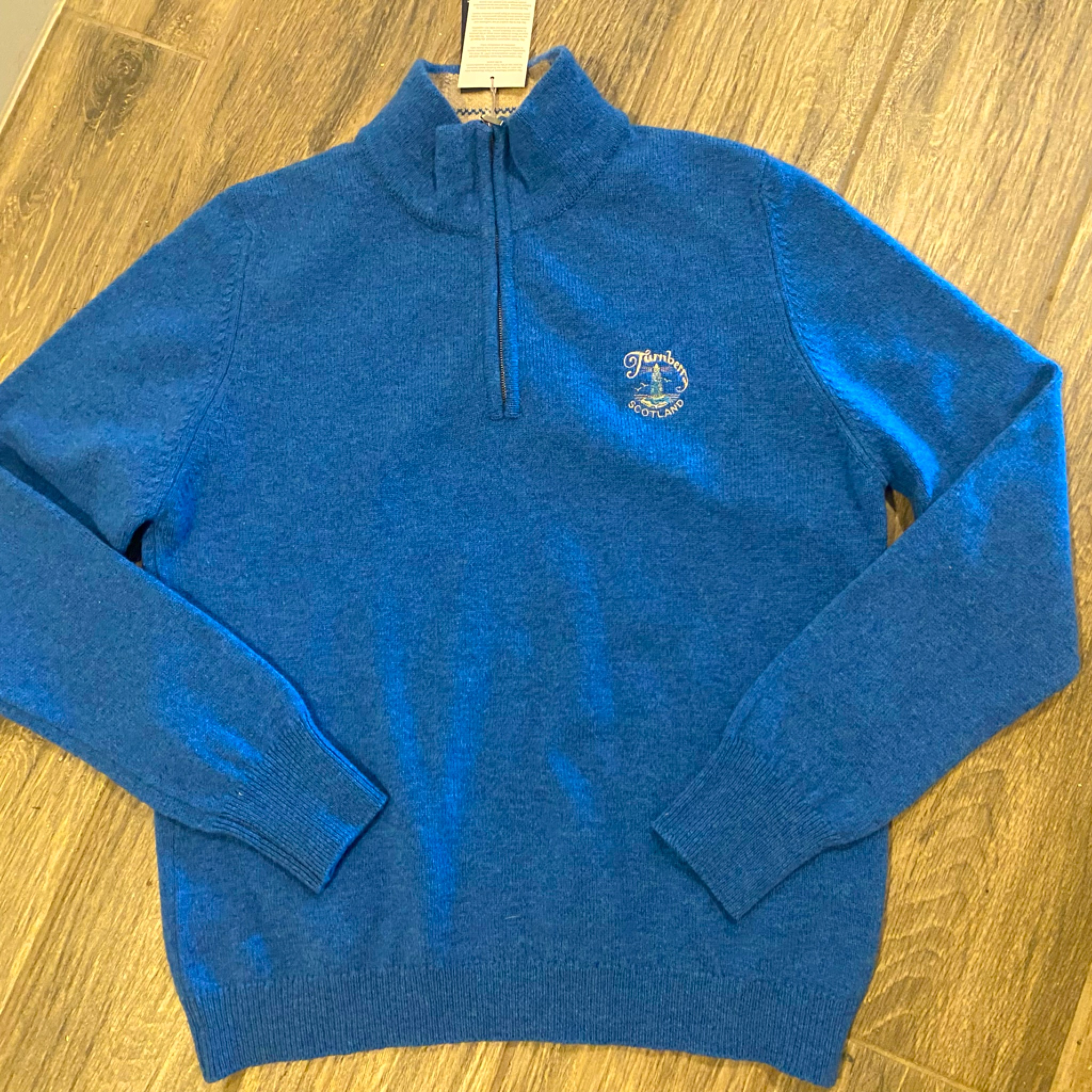 Johnstown’s Of Elgin Ladies Tartan Wool Zip Neck Sweater Blue/Tawn Large Nwt